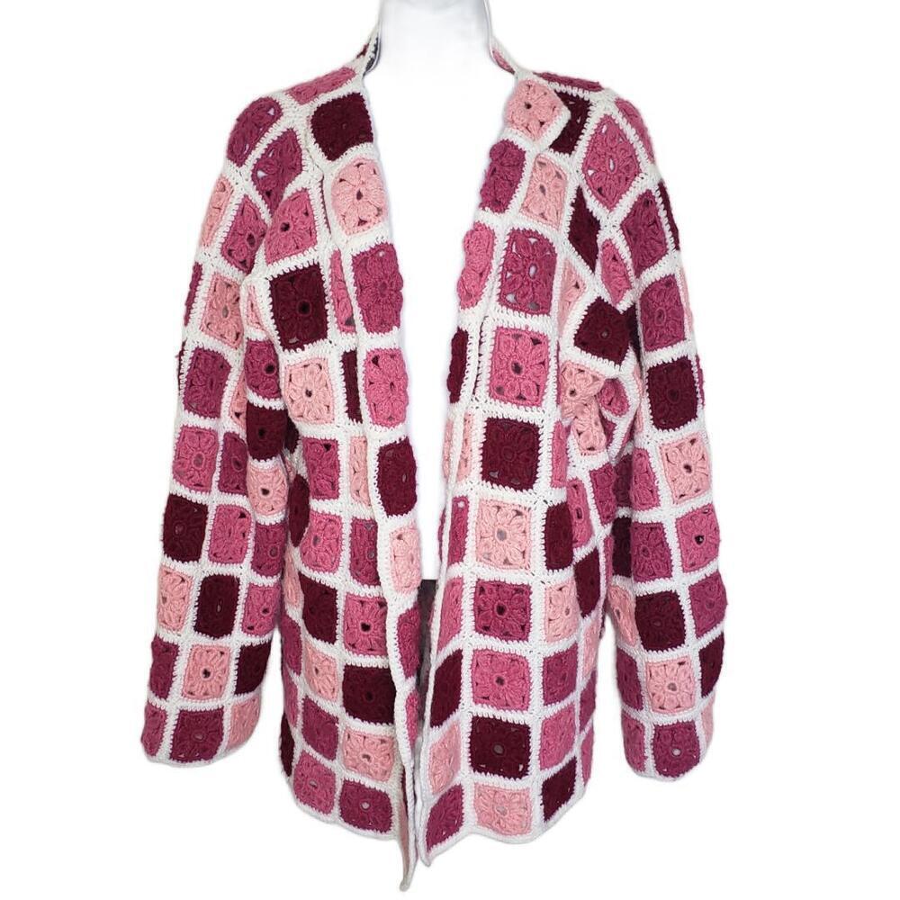 Women's Handmade Crochet Quilted Pink Tones Patchwork Mid-Length Cardigan